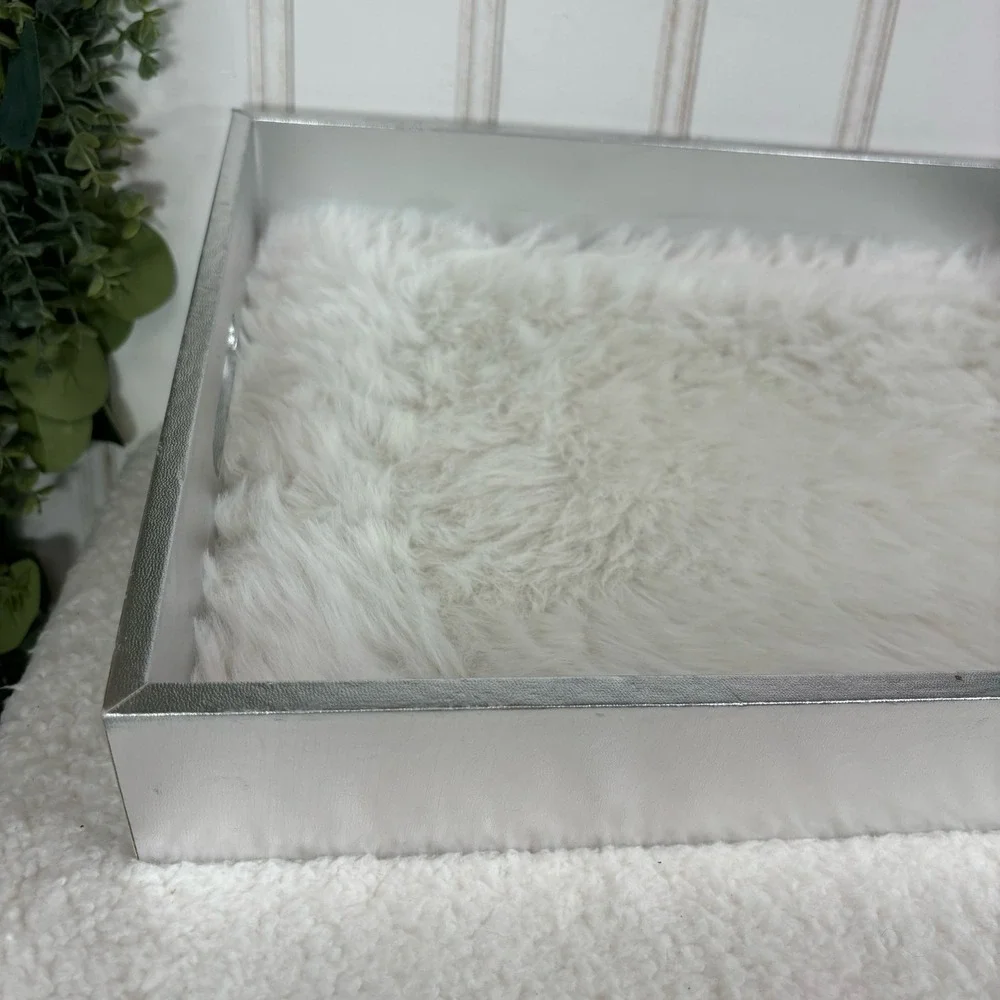 Silver Faux Leather Decor Tray White Faux Fur Liner Decorative Vanity Tray glam